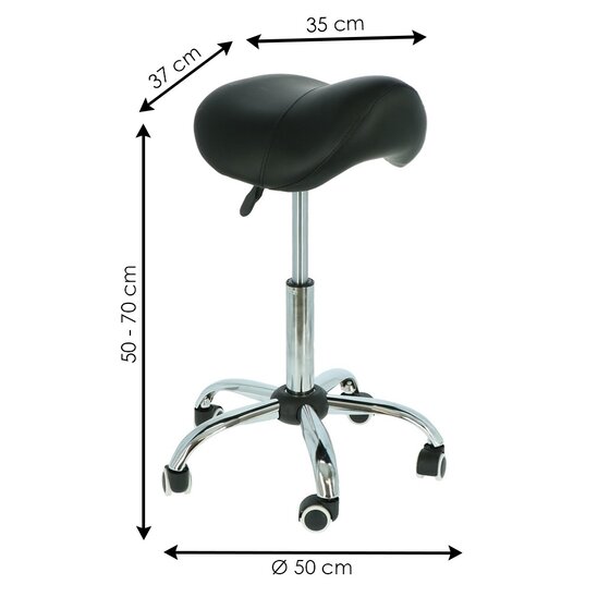 Ergonomische zadelkruk zwart met chromen onderstel en wielen