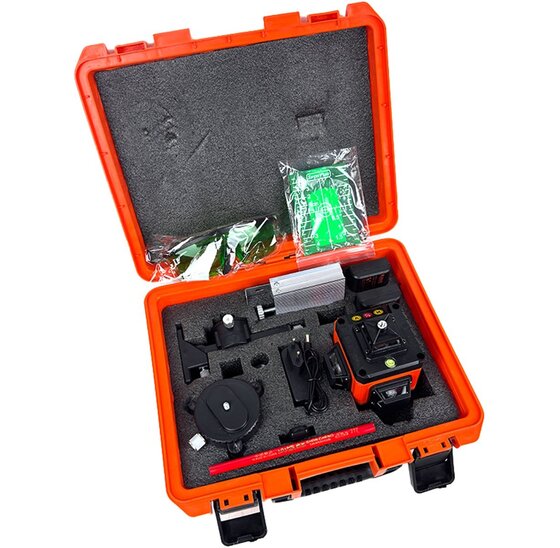 Professionele Kruislijnlaser met 16 Lijnen – Zelfnivellerend, 360° Projectie, Inclusief Accessoires en Draagkoffer