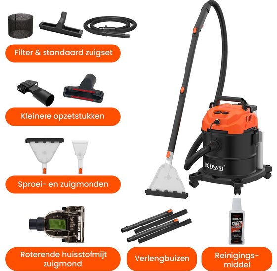 Nat- en Droogzuiger 20L – Alleszuiger met Sproeifunctie en Reinigingsmiddel