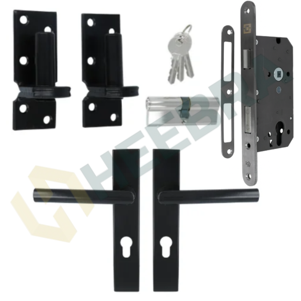 Complete Set voor Poortdeuren Luxe PC72 Zwart – Inclusief Slot, Plaatduimen & Beslag