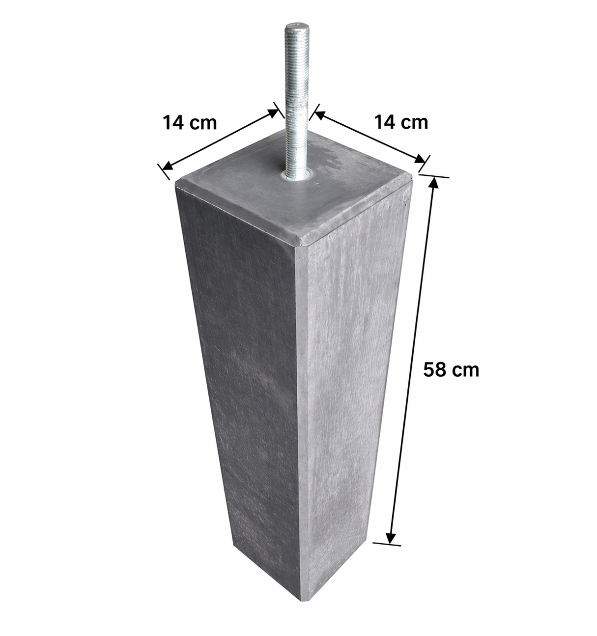 Betonpoer 140x140 mm, 580 mm hoog, met facetrand en draadstang