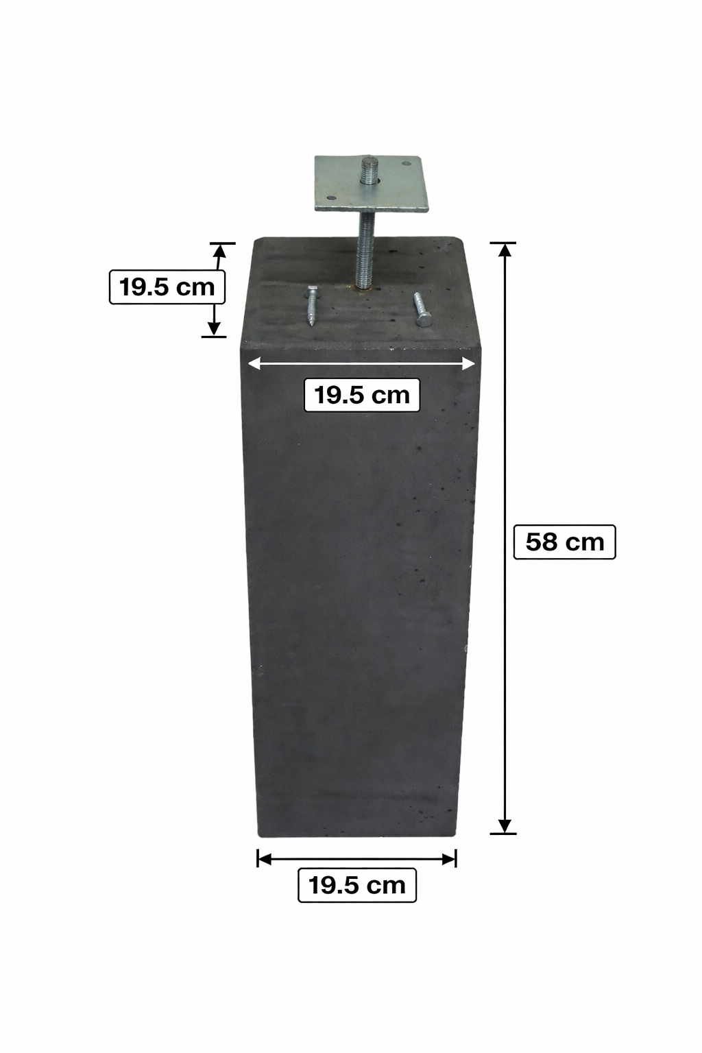 Betonpoer 195x195mm antraciet 58cm hoog met bevestigingsplaatje
