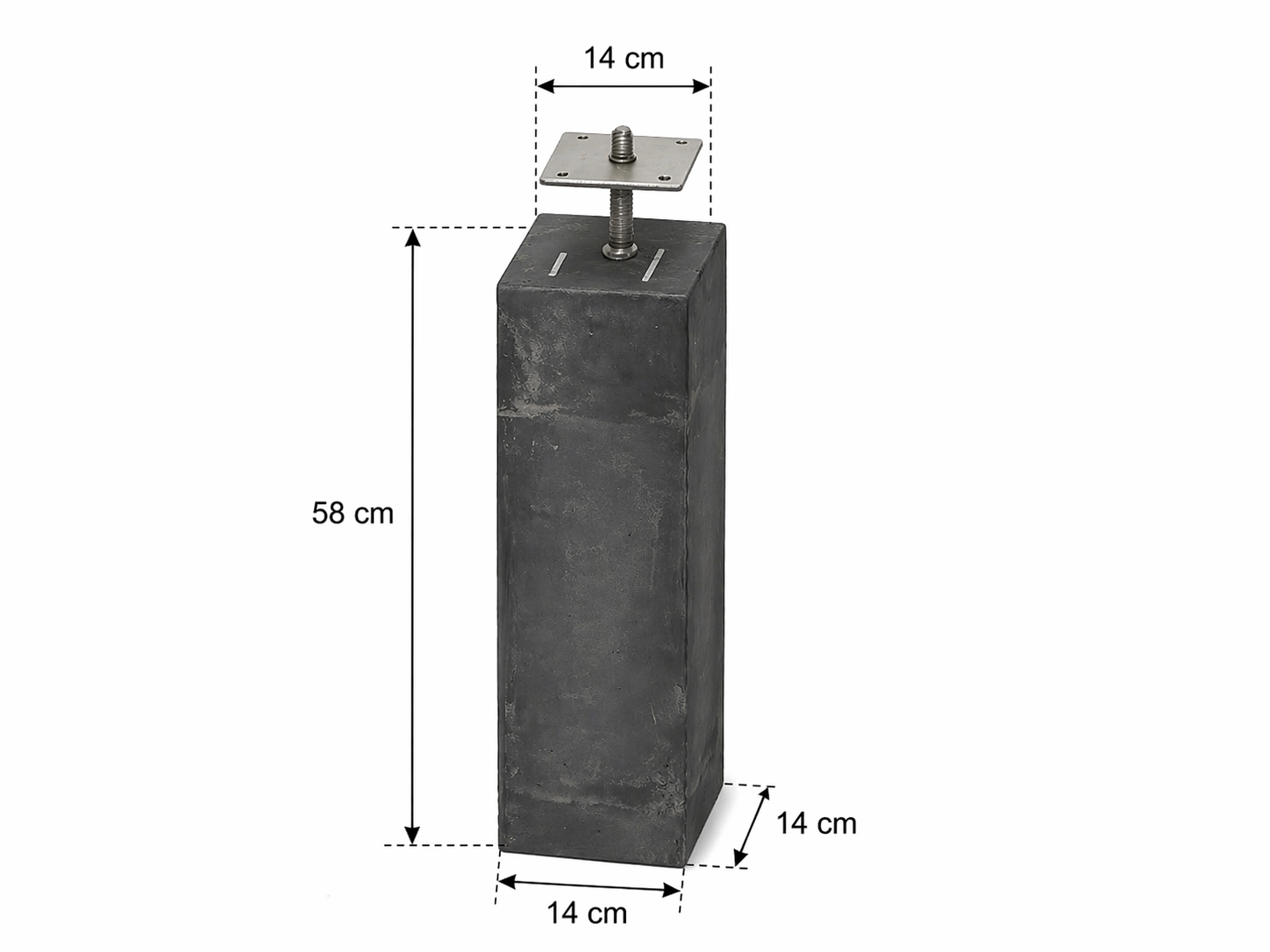 Betonpoer 14x14x58 cm zonder facetrand met verzinkt plaatje