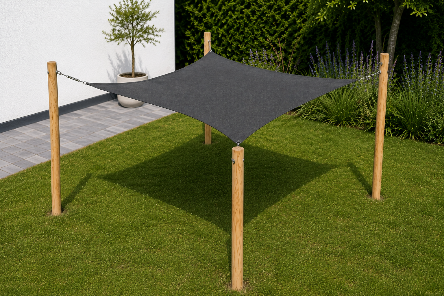 Robinia houten pergola 500x300 cm met zandkleurig schaduwdoek