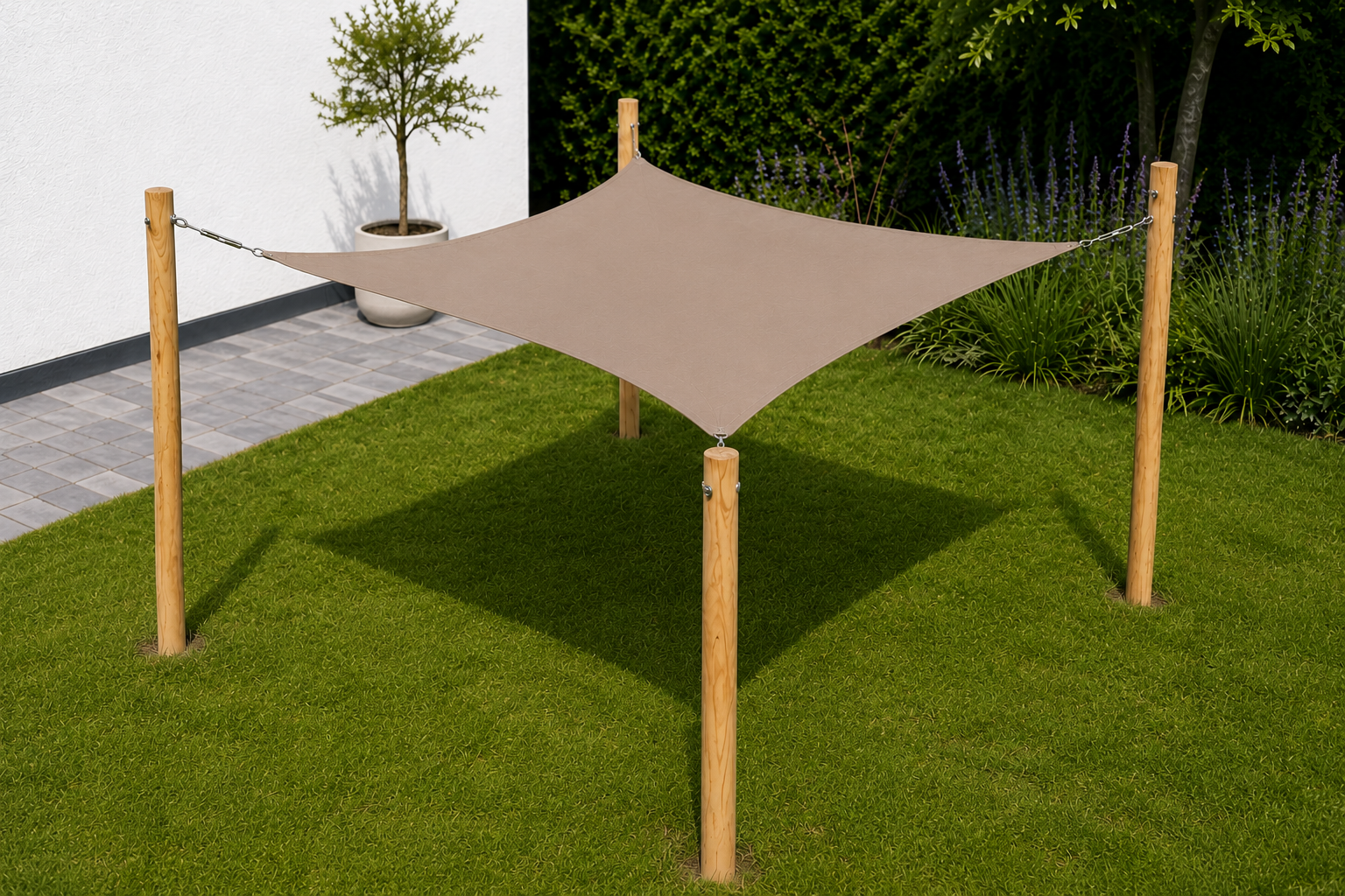 Robinia houten pergola 500x300 cm met schaduwdoek greige