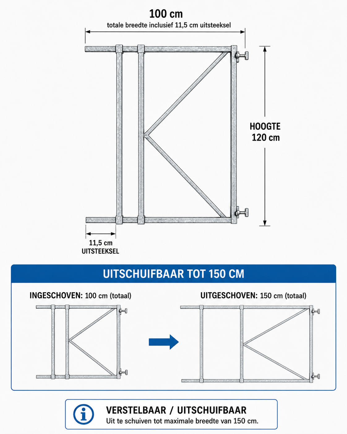 verstelbaar poortframe 100-150 cm uitschuifbaar voor poorten en hekken