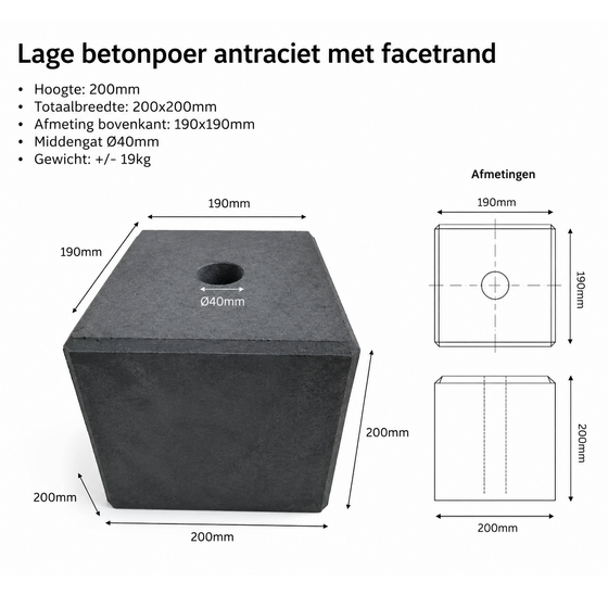 Betonpoer met gat 200x200mm voor palen, pergola en schutting