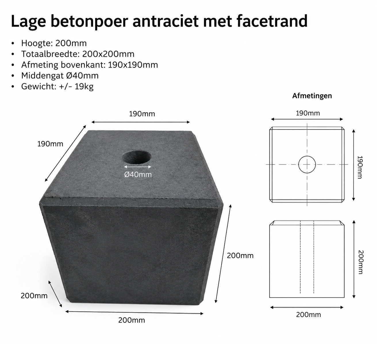Betonpoer met gat 200x200mm voor palen, pergola en schutting