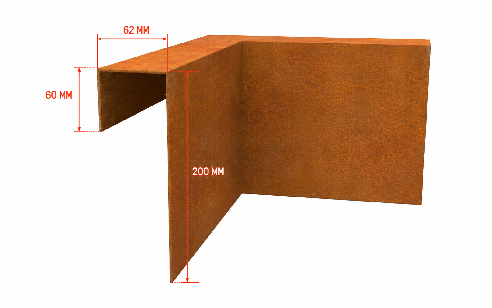 Cortenstaal U-profiel binnenhoek 200mm, hoogte 60/200mm, 1mm dik
