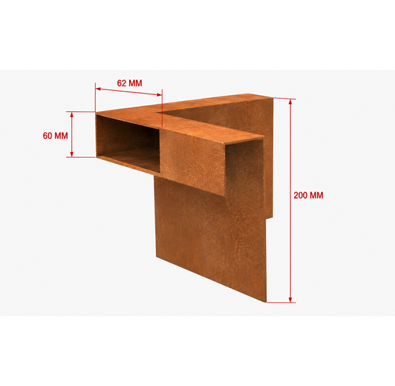 Cortenstaal U-profiel binnenhoek 200mm, hoogte 60/200mm, 1mm dik