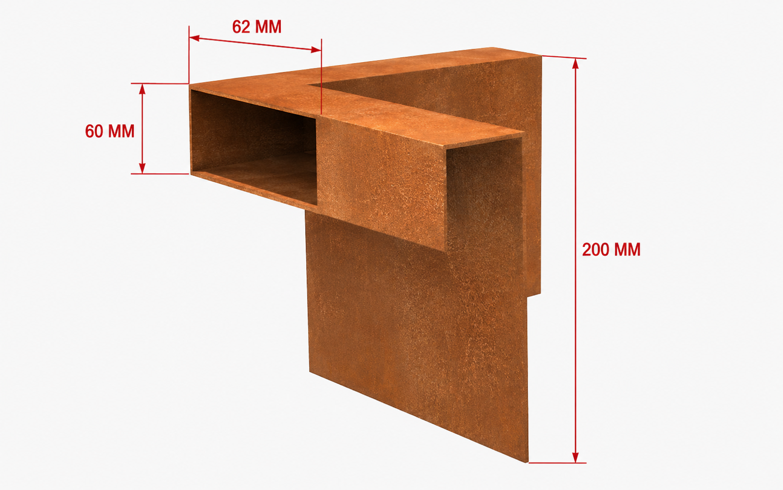 Cortenstaal U-profiel binnenhoek 200mm, hoogte 60/200mm, 1mm dik