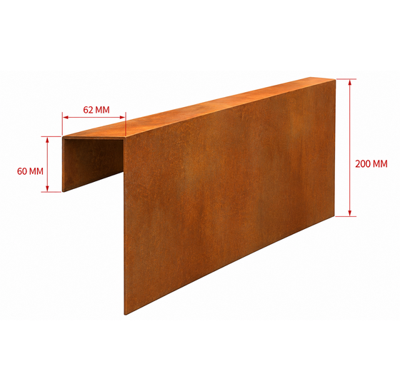 Cortenstaal kantopsluiting u-profiel 200x6 cm, 1mm dik voor betonband