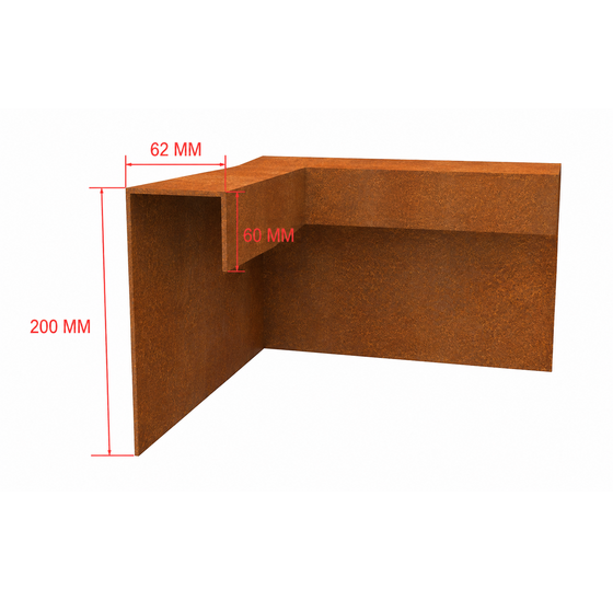 Cortenstaal kantopsluiting hoekprofiel 200x200mm hoogte 60mm buitenhoek
