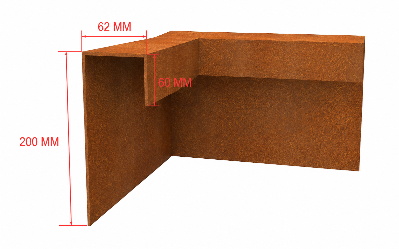 Cortenstaal kantopsluiting hoekprofiel 200x200mm hoogte 60mm buitenhoek