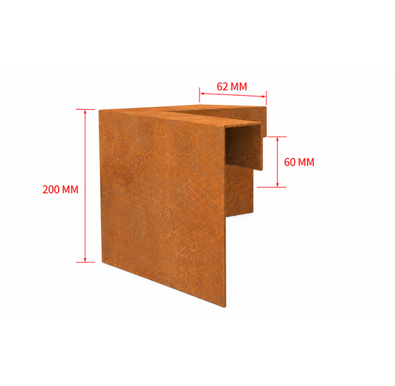 Cortenstaal kantopsluiting hoekprofiel 200x200mm hoogte 60mm buitenhoek