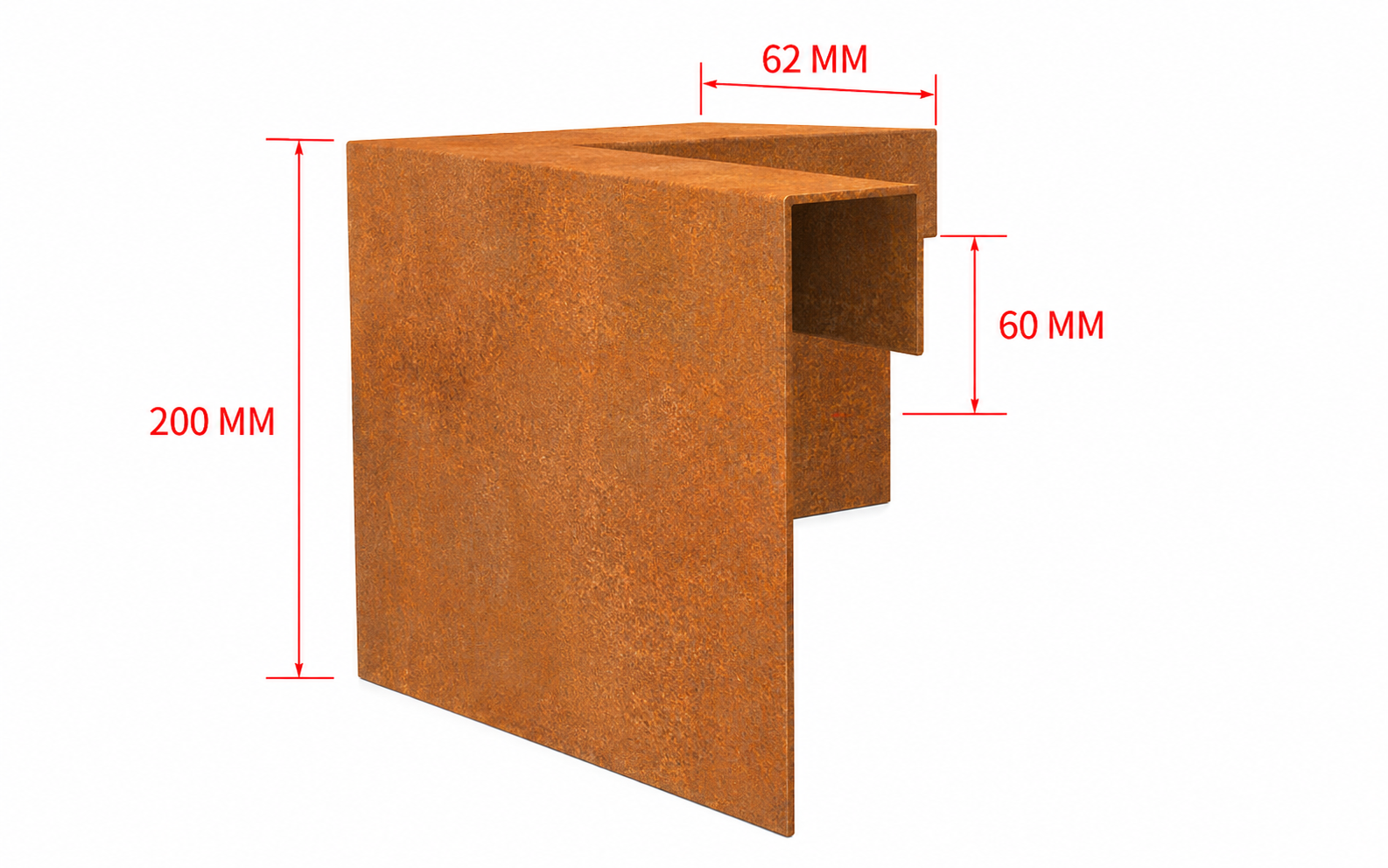 Cortenstaal kantopsluiting hoekprofiel 200x200mm hoogte 60mm buitenhoek