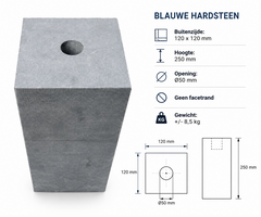 Blauwe hardsteen sokkel 120x120mm met Ø50mm opening, zonder facetrand