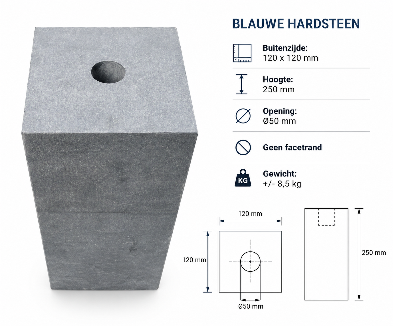 Blauwe hardsteen sokkel 120x120mm met Ø50mm opening, zonder facetrand