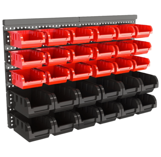 Wandrek met 30 opbergbakjes rood/zwart 64x41cm werkplaats