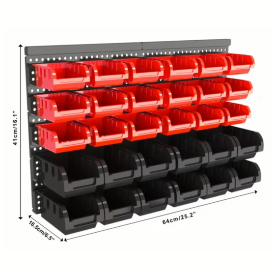 Wandrek met 30 opbergbakjes rood/zwart 64x41cm werkplaats