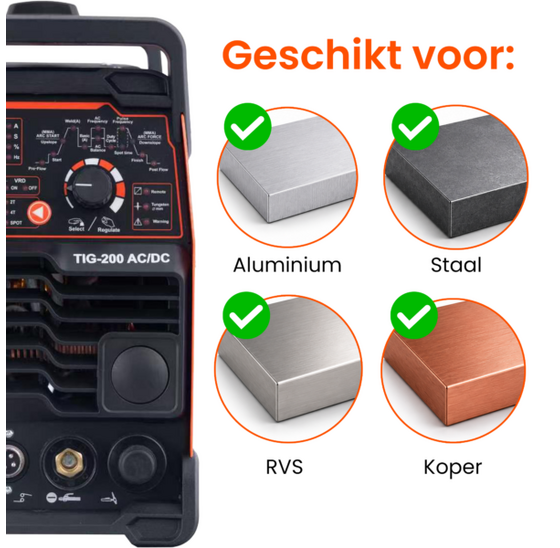 TIG lasapparaat 200A AC/DC voor aluminium, staal, RVS en koper