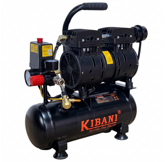 Stille compressor 48 dB olievrij 6 liter 8 bar 550W Kibani Ecoline