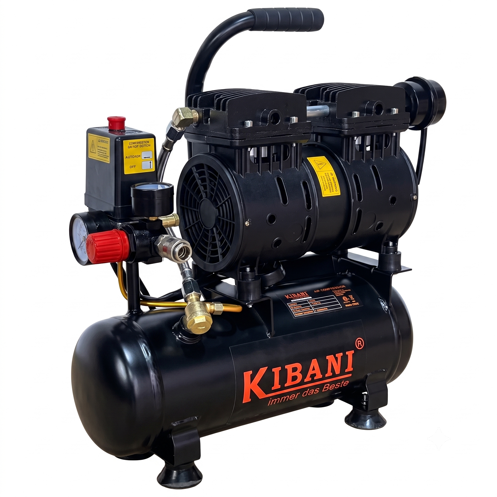 Stille compressor 48 dB olievrij 6 liter 8 bar 550W Kibani Ecoline