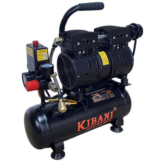 Stille compressor 48 dB olievrij 6 liter 8 bar 550W Kibani Ecoline