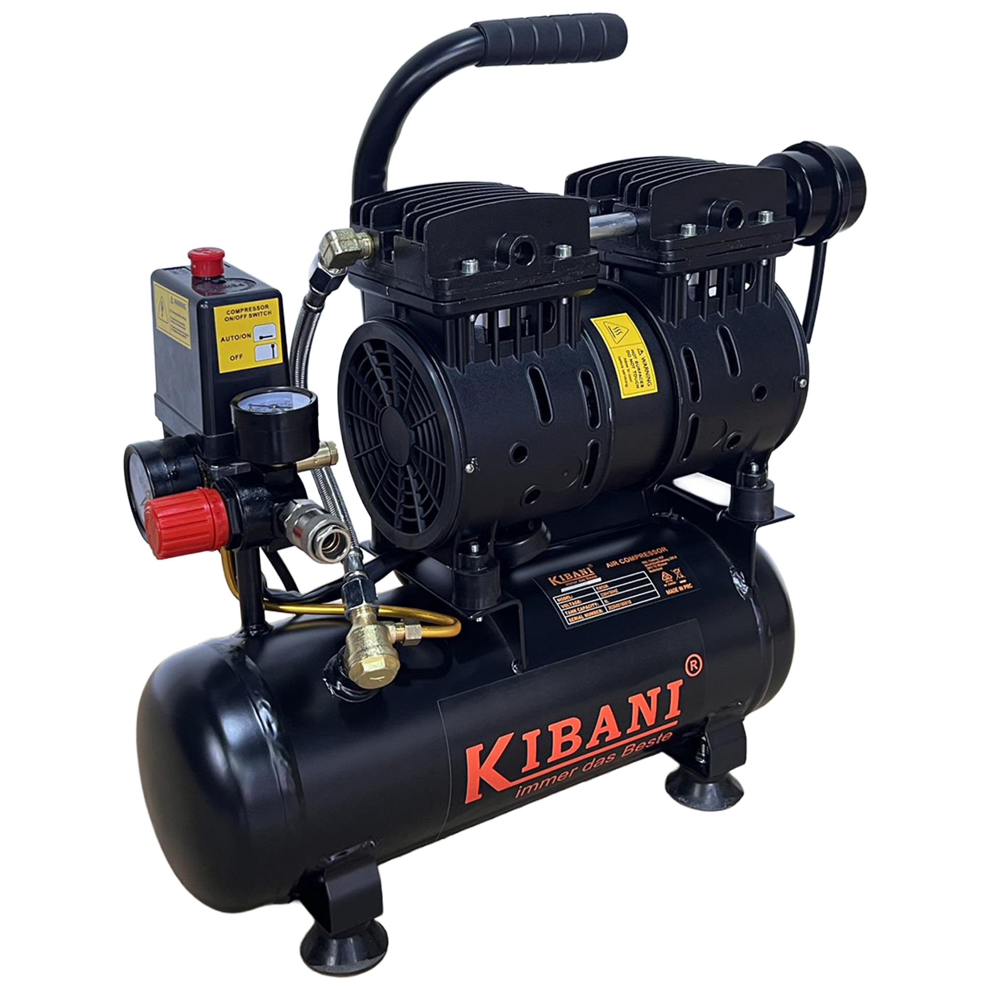 Stille compressor 48 dB olievrij 6 liter 8 bar 550W Kibani Ecoline
