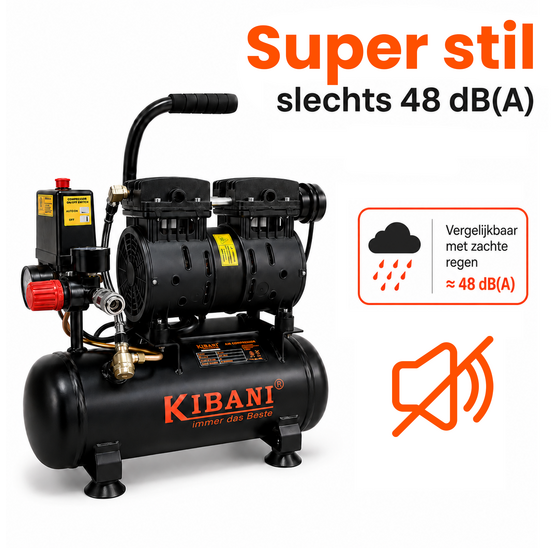 Stille compressor 48 dB olievrij 6 liter 8 bar 550W Kibani Ecoline