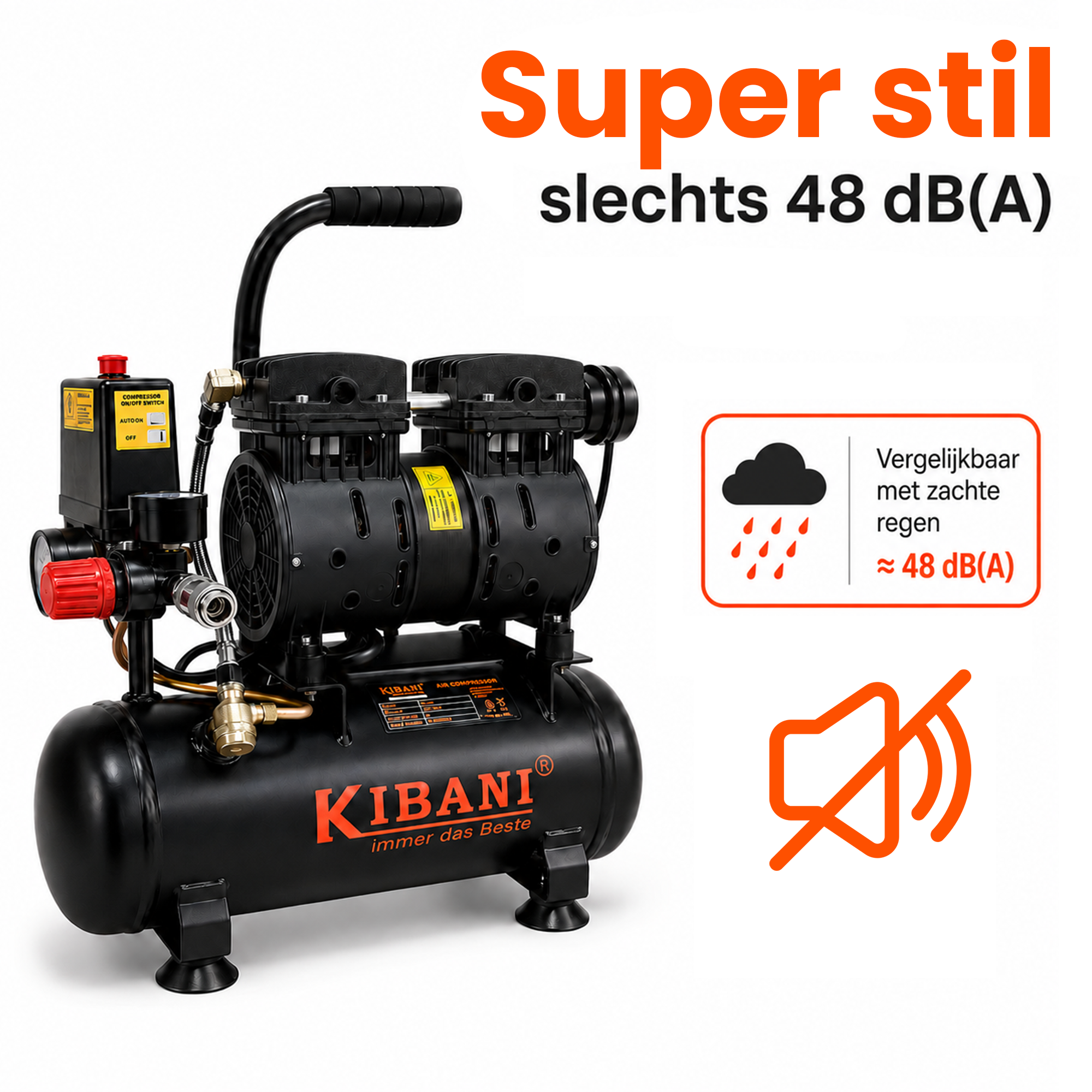 Stille compressor 48 dB olievrij 6 liter 8 bar 550W Kibani Ecoline