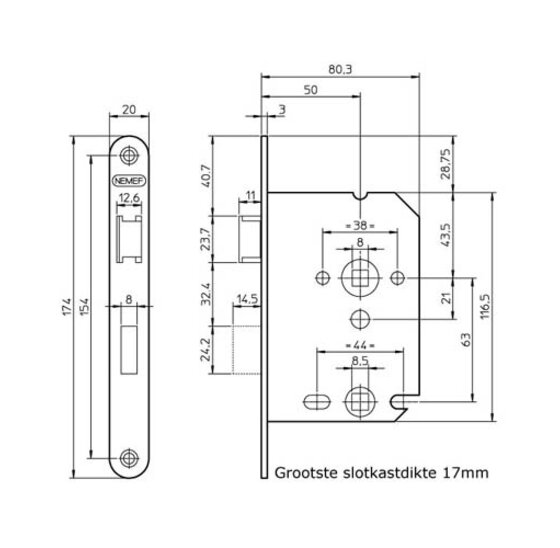 Wemekamp Deur- en poortsloten - Nemef badkamer/wc slot 1264/4 RS/LS 8x63