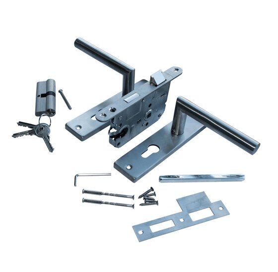Wemekamp Deur- en poortsloten - Eurofix deurslot-set PC55, RVS kruk/schild recht, cilinder 40/40 mm