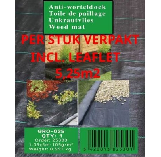 Worteldoek 1,05x5m - 105g/m² Zwart/Groen Anti-Onkruid