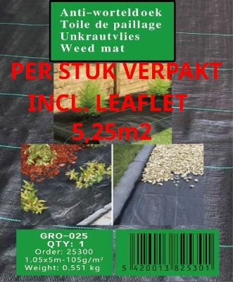 Worteldoek 1,05x5m - 105g/m² Zwart/Groen Anti-Onkruid