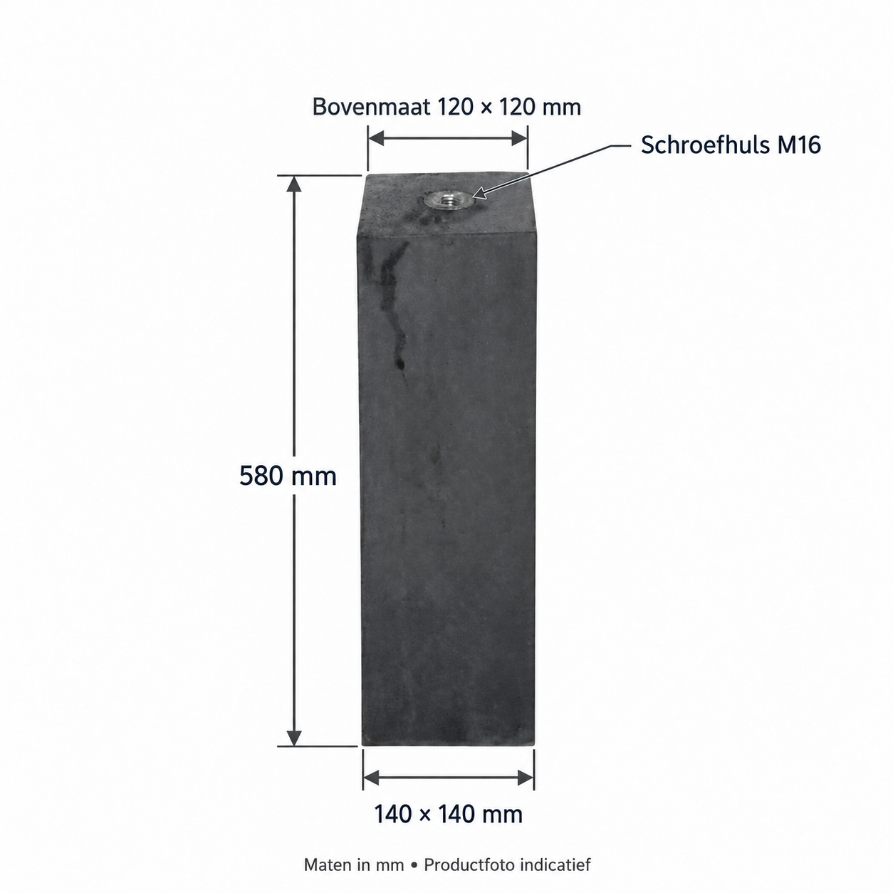 Betonpoer antraciet 140x140x580 mm met schroefhuls M16