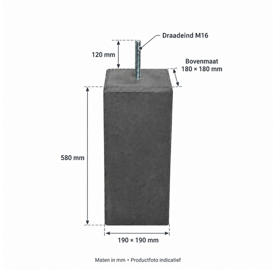 Betonpoer Antraciet 190x190x580 mm Draadeind M16