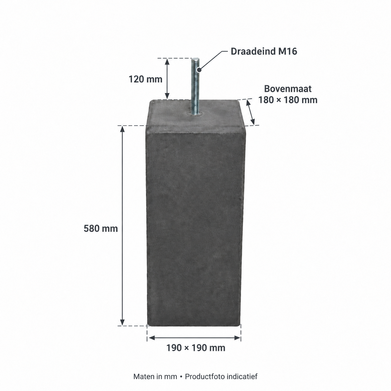 Betonpoer Antraciet 190x190x580 mm Draadeind M16