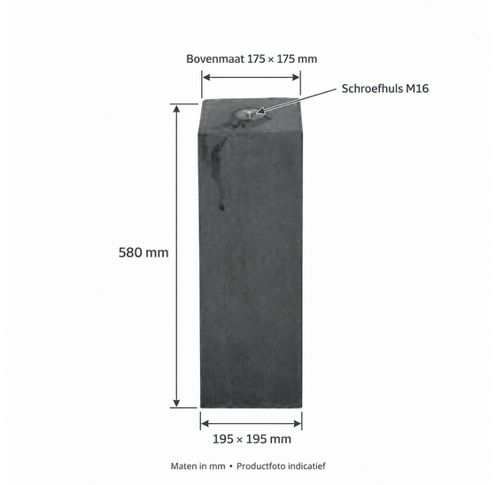 Betonpoer antraciet 195x195x580 mm met schroefhuls M16
