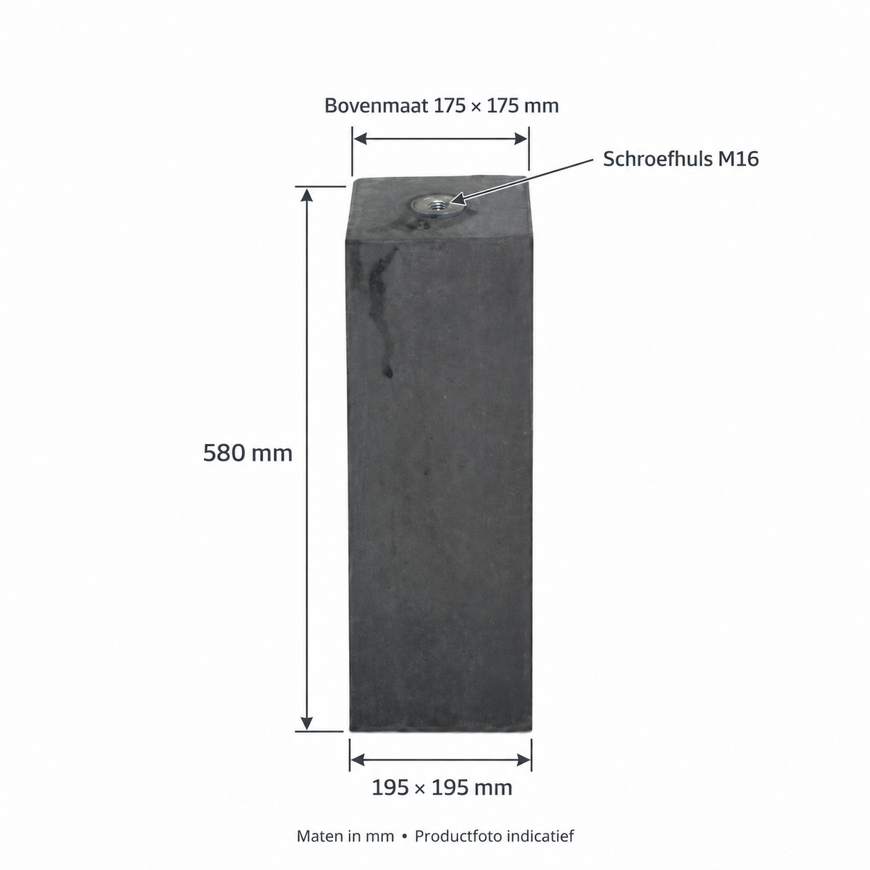Betonpoer antraciet 195x195x580 mm met schroefhuls M16
