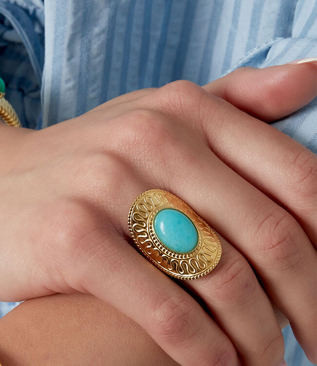 Ring Gold Boho Ovaal Steen Turquoise