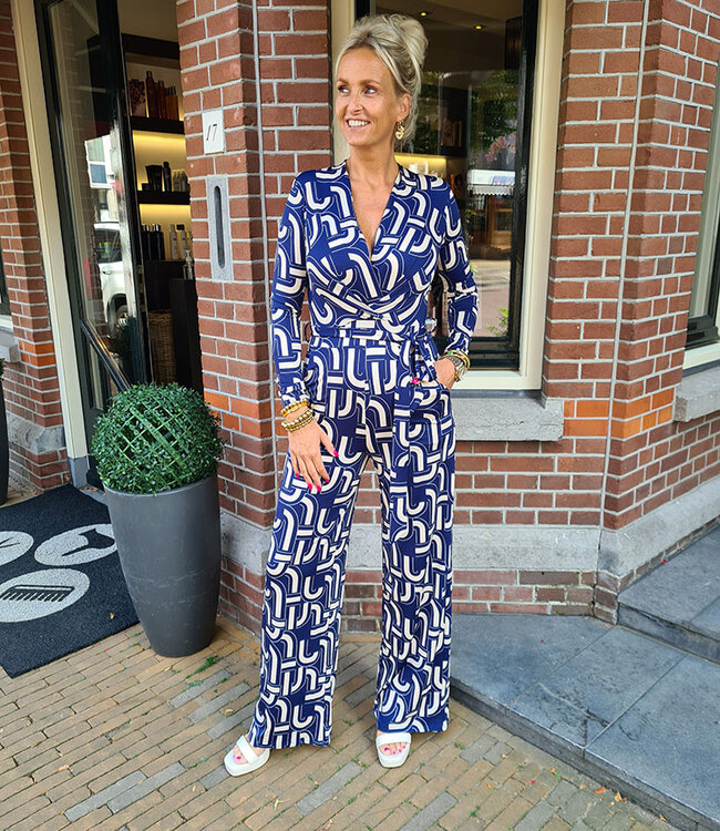 Traveller Jumpsuit Print Blauw/Crème