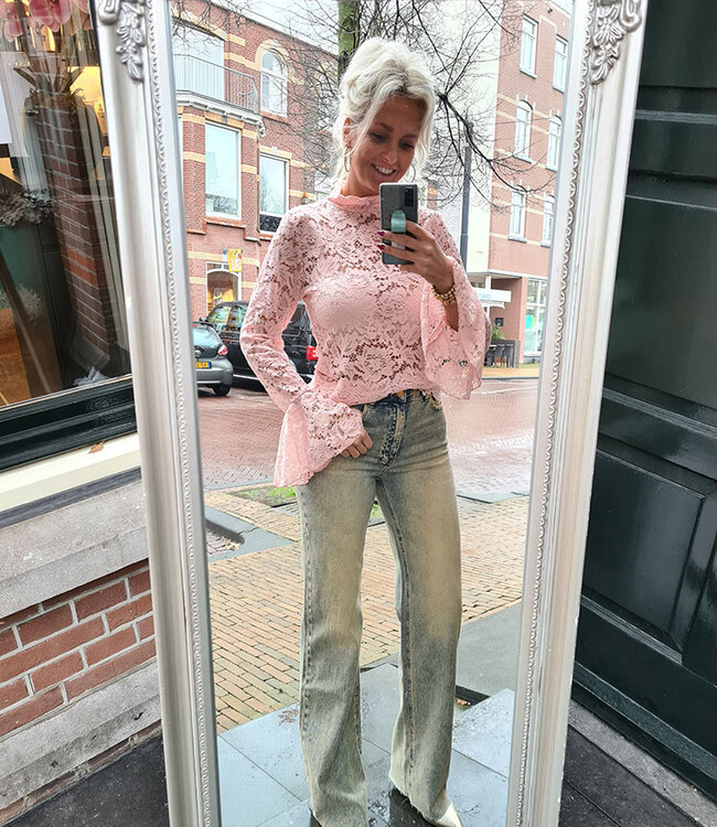 Kanten Top Uitlopende Mouw Zachtroze