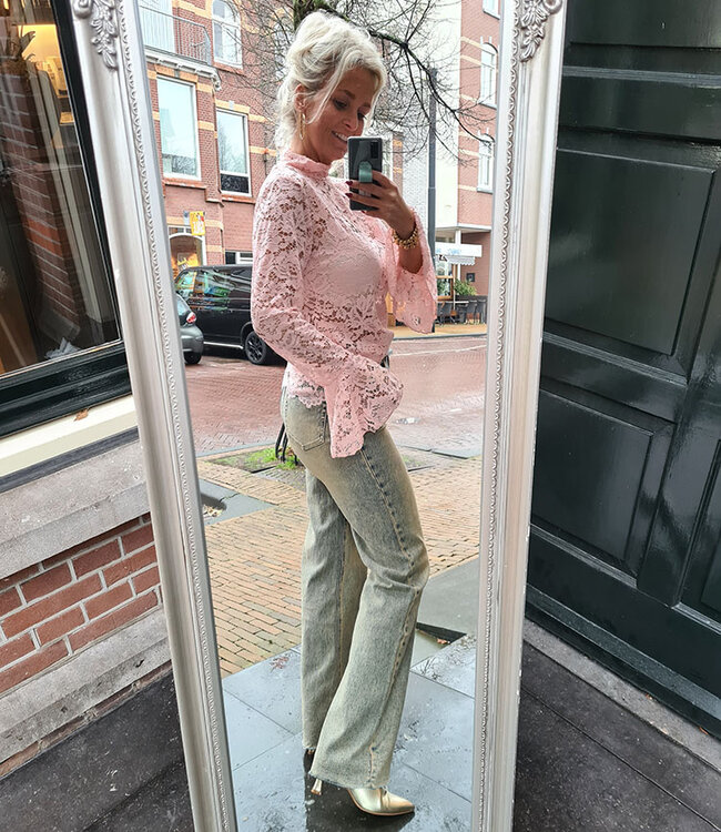 Kanten Top Uitlopende Mouw Zachtroze