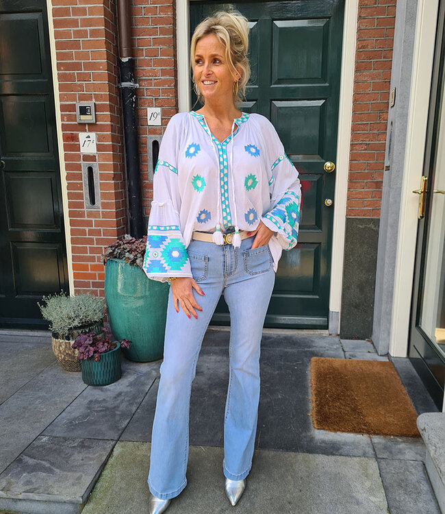 Boho Blouse Wit/Turquoise Geborduurd