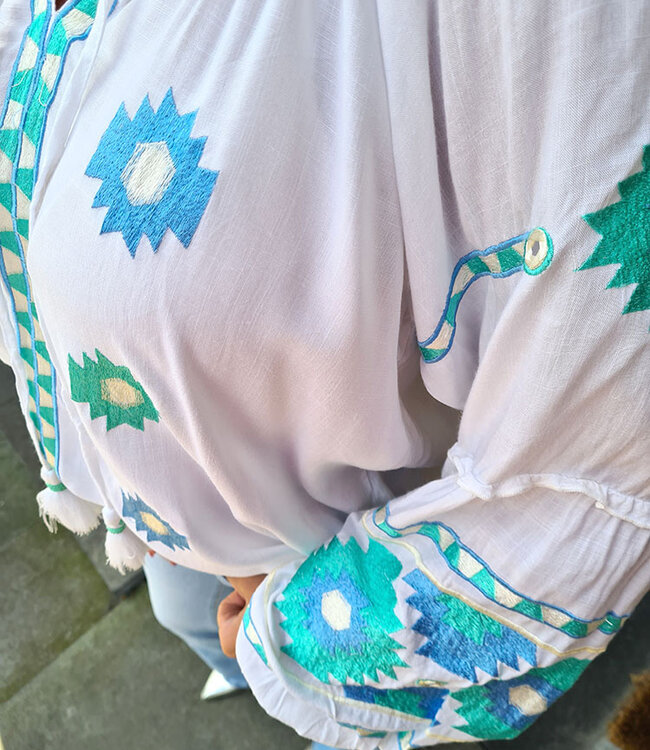 Boho Blouse Wit/Turquoise Geborduurd