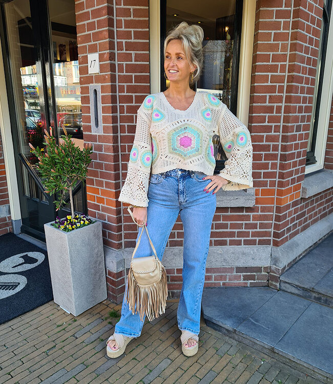 Gehaakte Boho Top Beige/Turquoise