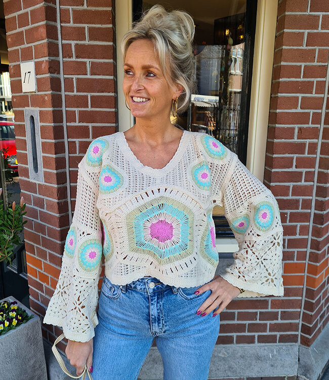 Gehaakte Boho Top Beige/Turquoise