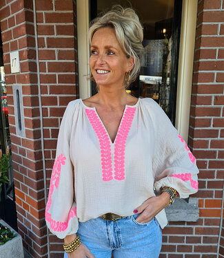 Blouse Geborduurde Mouw Koraalroze