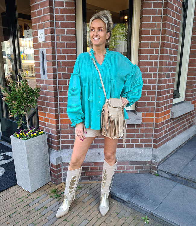 Oversized Dunne Linnenlook Blouse Turquoise